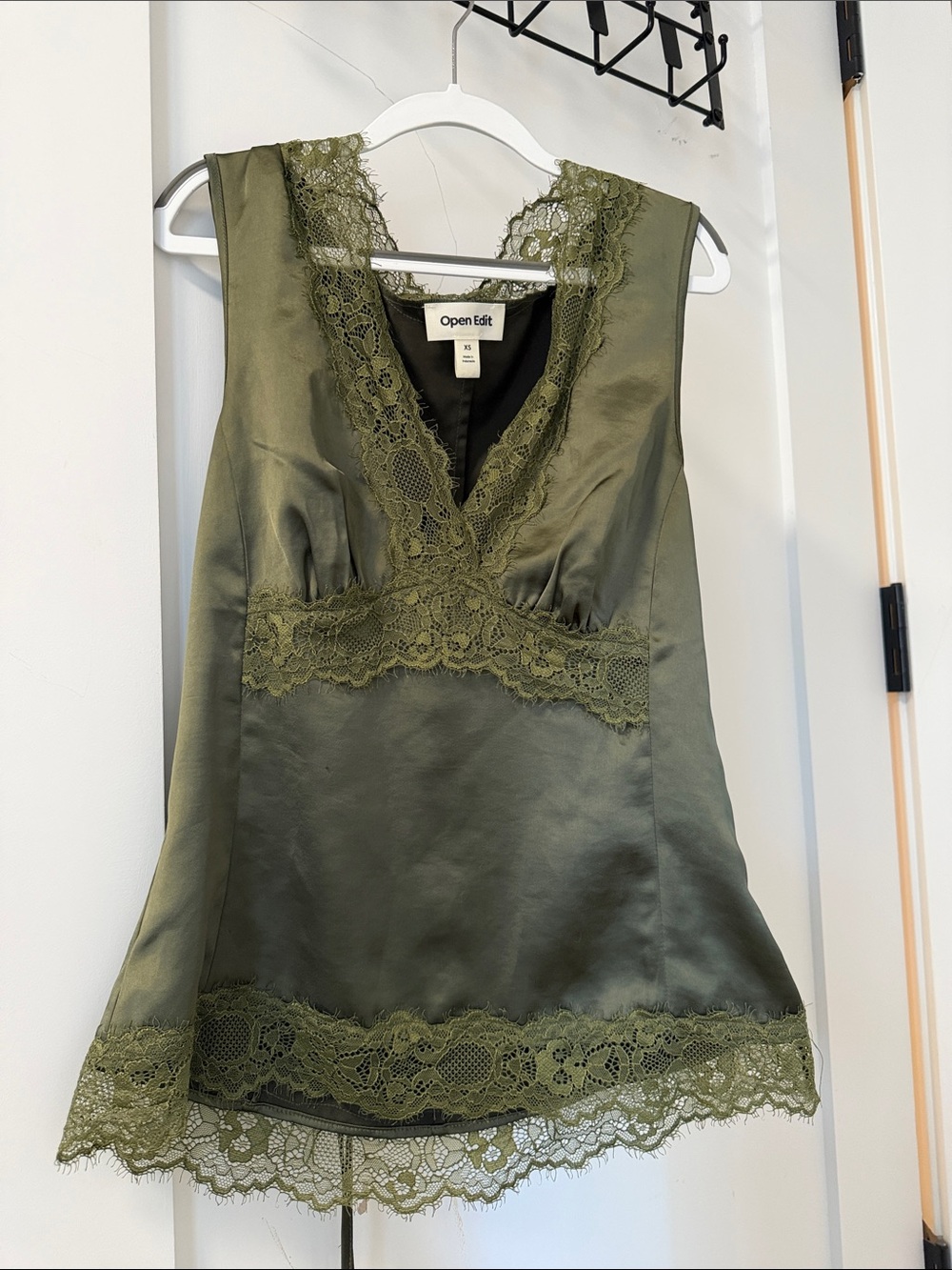 Olive Green Satin Lace Trim Camisole